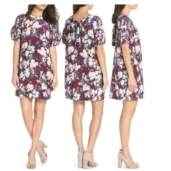French Connection Dreda Floral Watercolor Short Puff Sleeve Shift Mini Dress 6 - Picture 1 of 10